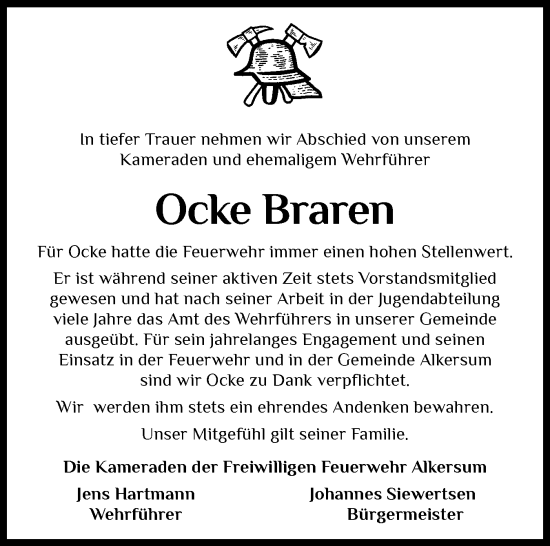 Traueranzeige von Ocke Braren von Der Insel-Bote