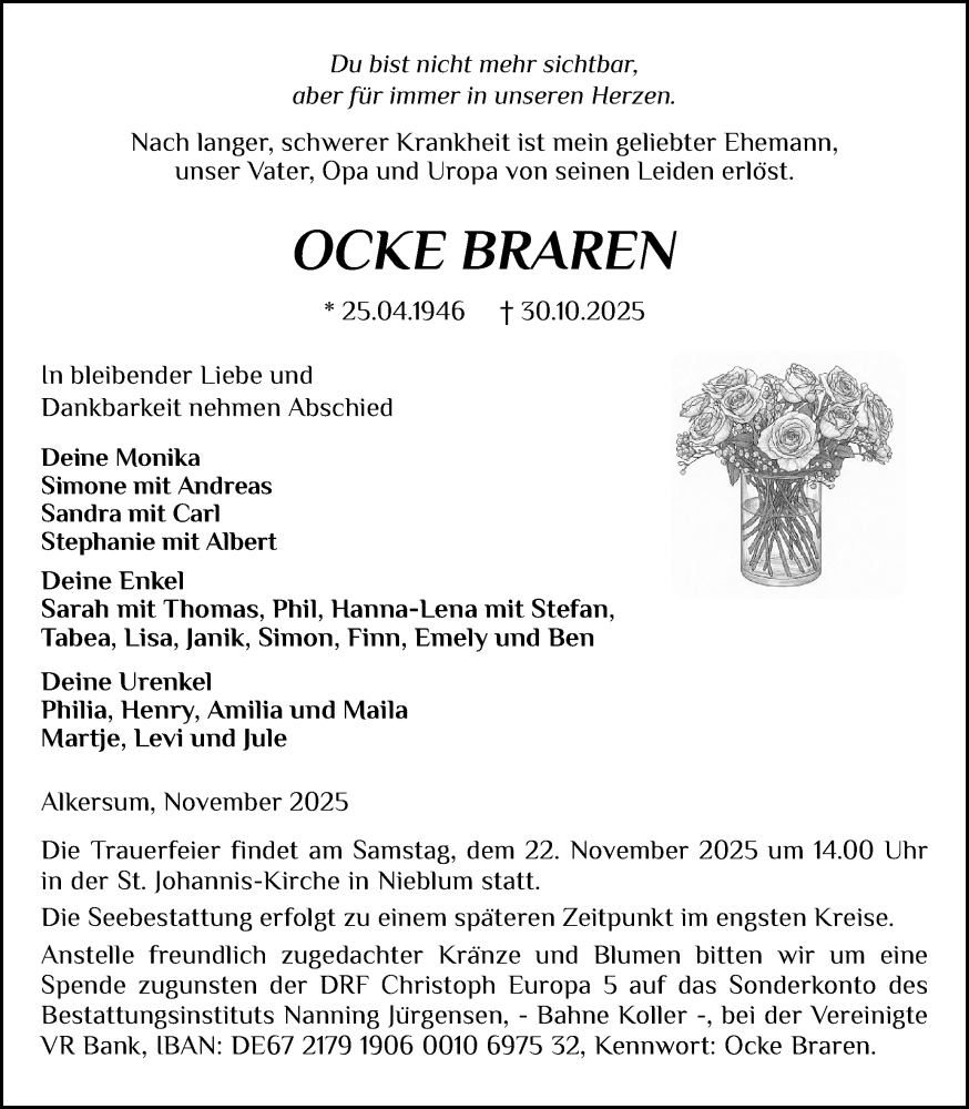  Traueranzeige für Ocke Braren vom 15.11.2025 aus Der Insel-Bote