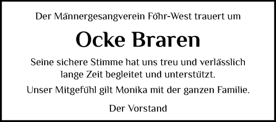 Traueranzeige von Ocke Braren von Der Insel-Bote
