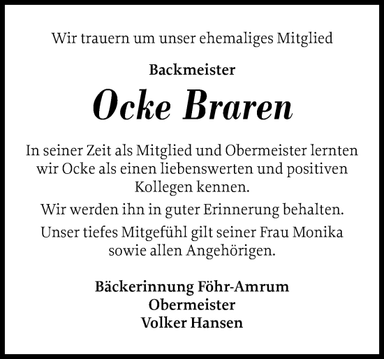 Traueranzeige von Ocke Braren von Der Insel-Bote