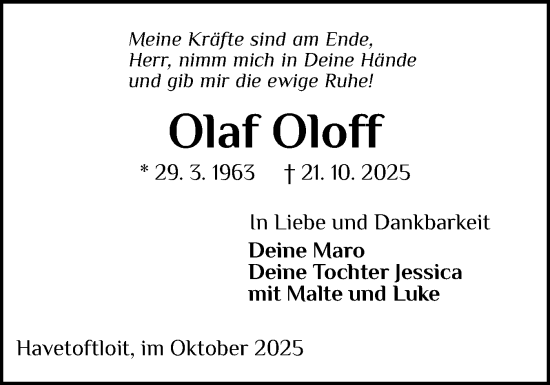 Traueranzeige von Olaf Oloff von Flensburger Tageblatt