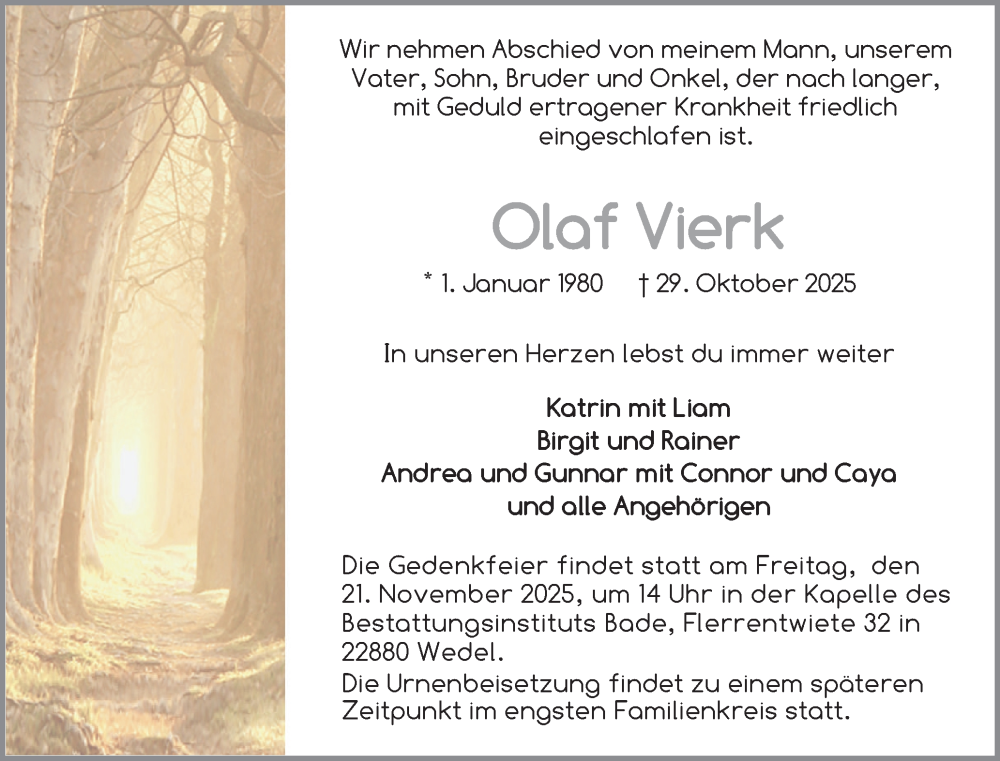  Traueranzeige für Olaf Vierk vom 08.11.2025 aus Wedel-Schulauer Tageblatt, tip Wedel-Schulauer Tageblatt, tip Rissener Rundschau