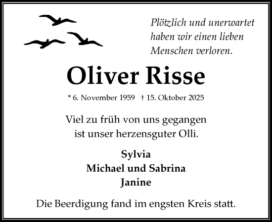 Traueranzeige von Oliver Risse von MARKT Bad Oldesloe/Reinfeld und Stormarner Tageblatt