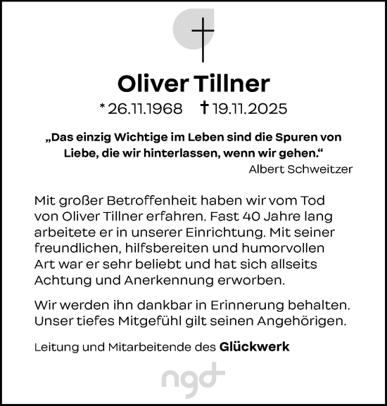Traueranzeige von Oliver Tillner von Norddeutsche Rundschau, Wilstersche Zeitung, Glückstädter Fortuna