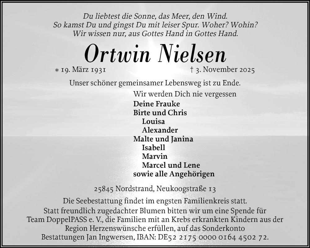  Traueranzeige für Ortwin Nielsen vom 07.11.2025 aus Husumer Nachrichten, Nordfriesland Tageblatt