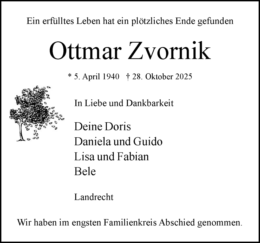  Traueranzeige für Ottmar Zvornik vom 08.11.2025 aus Norddeutsche Rundschau, Wilstersche Zeitung, Glückstädter Fortuna