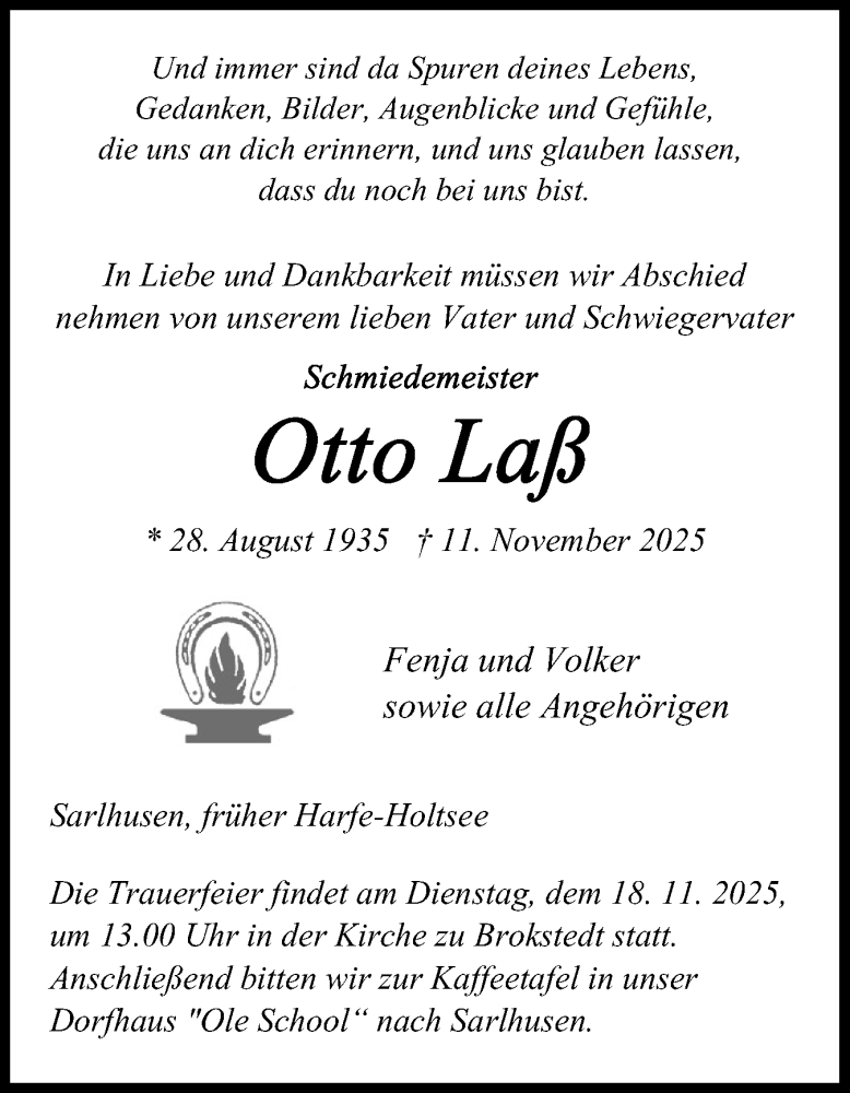  Traueranzeige für Otto Laß vom 15.11.2025 aus Eckernförder Zeitung, Hallo Eckernförde
