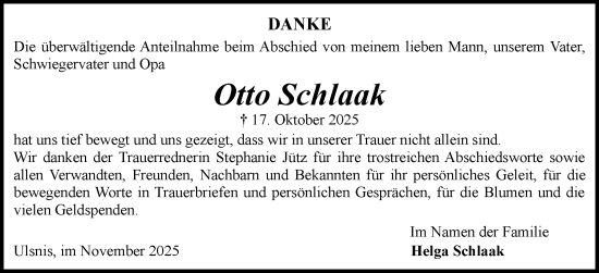 Traueranzeige von Otto Schlaak von Schleswiger Nachrichten, Schlei-Bote