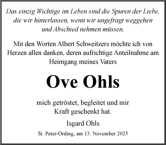 Traueranzeige von Ove Ohls von Husumer Nachrichten, Nordfriesland Tageblatt
