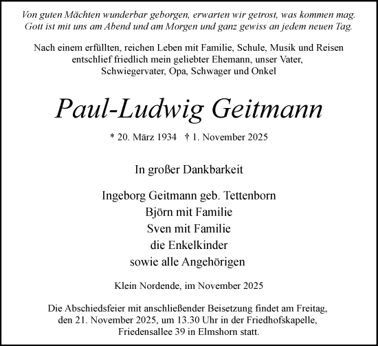 Traueranzeige von Paul-Ludwig Geitmann von Elmshorner Nachrichten, Barmstedter Zeitung