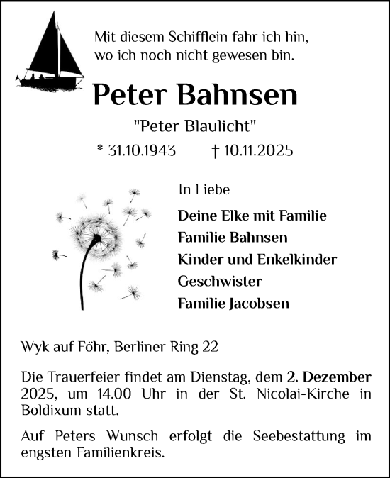 Traueranzeige von Peter Bahnsen von Der Insel-Bote