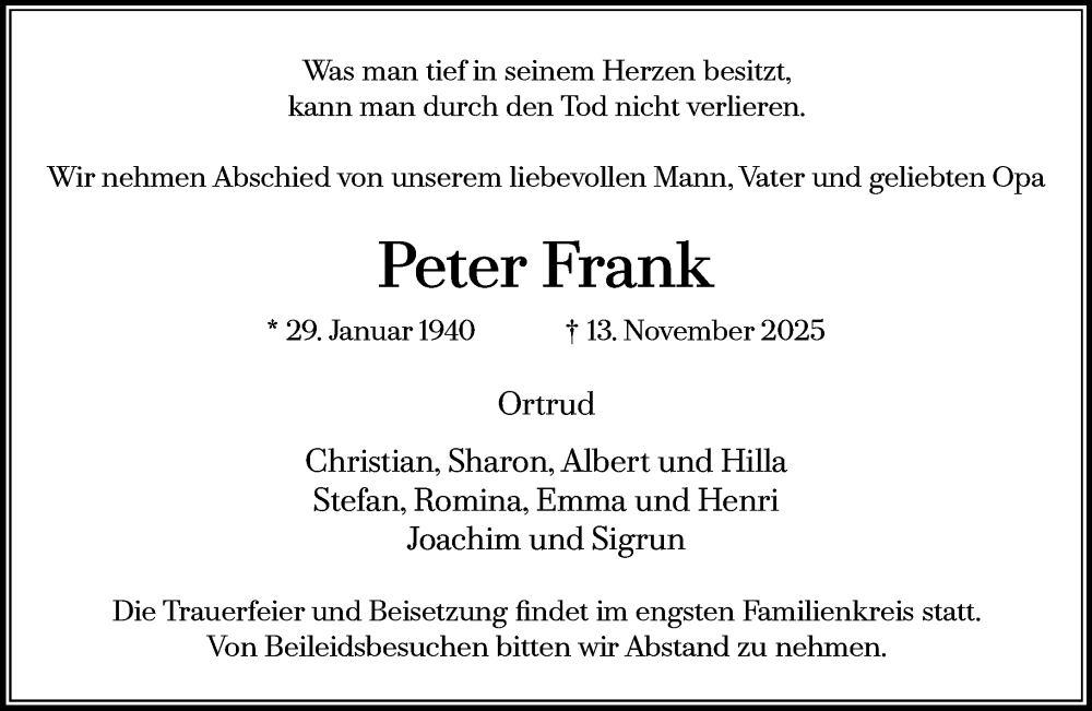  Traueranzeige für Peter Frank vom 22.11.2025 aus MARKT Glinde/Reinfeld