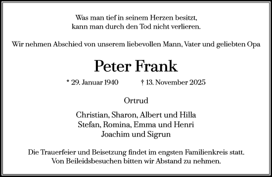 Traueranzeige von Peter Frank von MARKT Glinde/Reinfeld