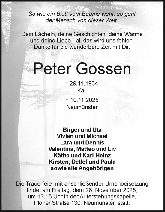Traueranzeige von Peter Gossen von Holsteinischer Courier