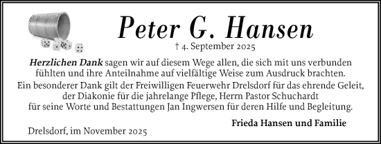 Traueranzeige von Peter Hansen von Husumer Nachrichten, Nordfriesland Tageblatt