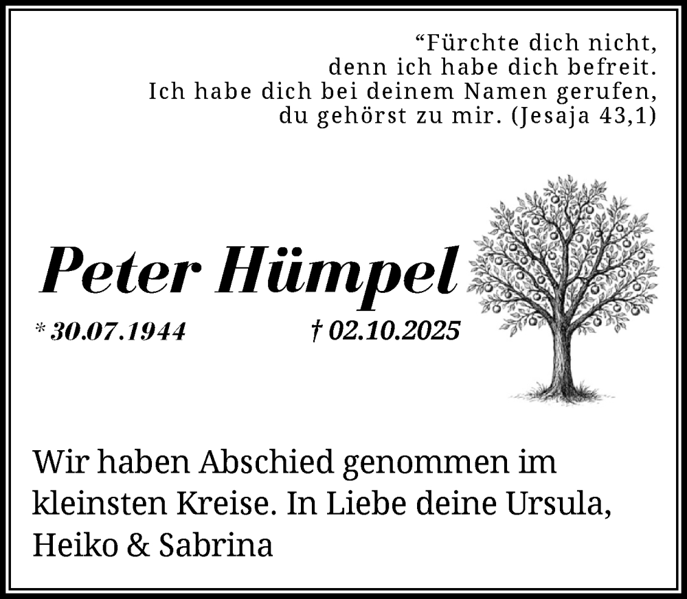  Traueranzeige für Peter Hümpel vom 15.11.2025 aus Wochenend Anzeiger