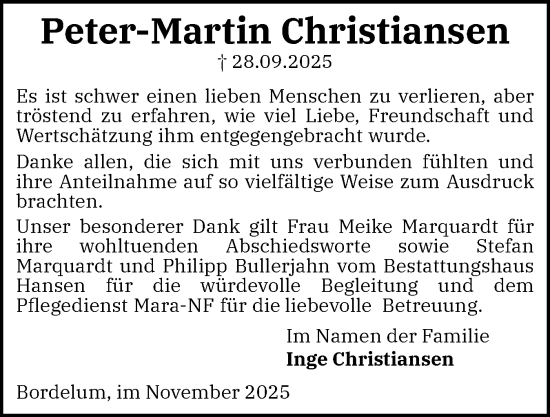Traueranzeige von Peter-Martin Christiansen von Husumer Nachrichten, Nordfriesland Tageblatt