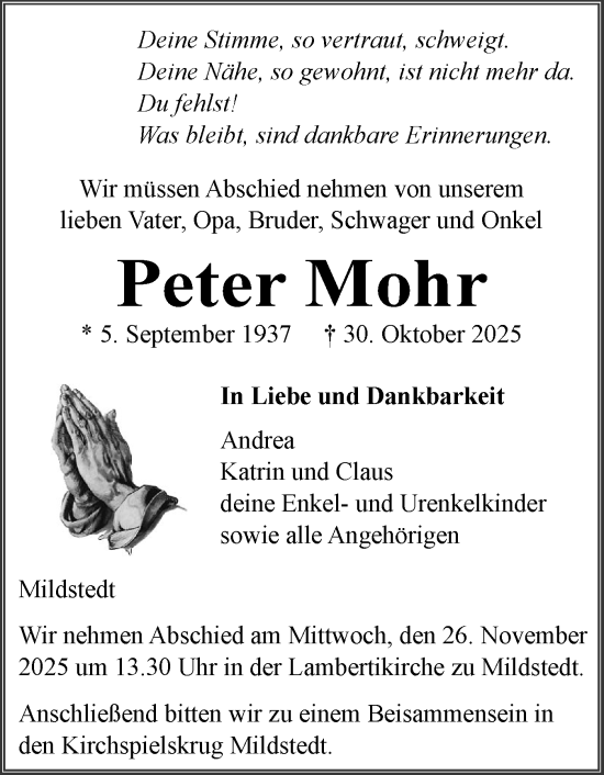 Traueranzeige von Peter Mohr von Husumer Nachrichten, Nordfriesland Tageblatt