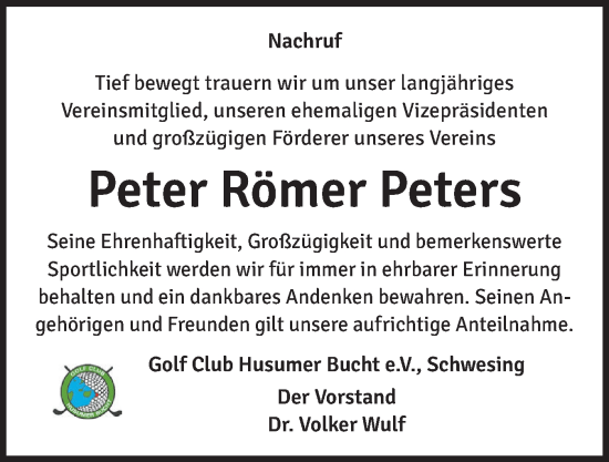Traueranzeige von Peter Römer Peters von Husumer Nachrichten, Nordfriesland Tageblatt