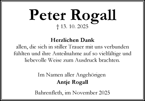 Traueranzeige von Peter Rogall von Norddeutsche Rundschau, Wilstersche Zeitung, Glückstädter Fortuna