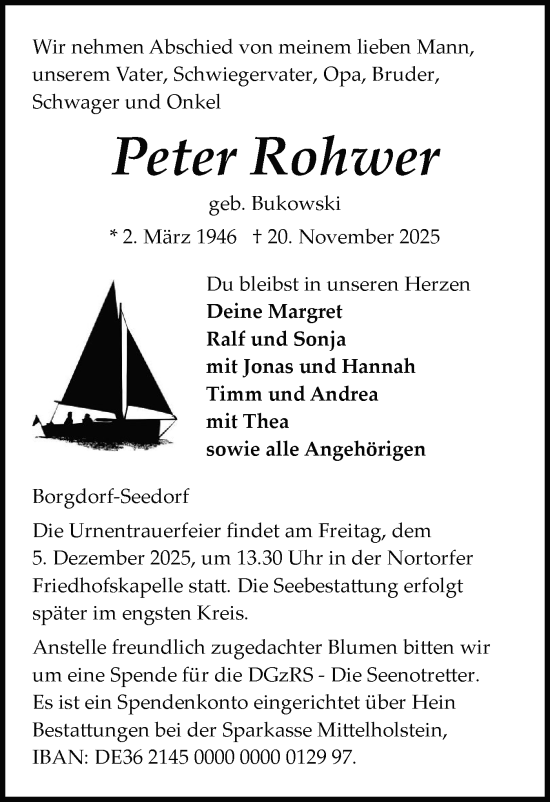 Traueranzeige von Peter Rohwer von Schleswig-Holsteinische Landeszeitung
