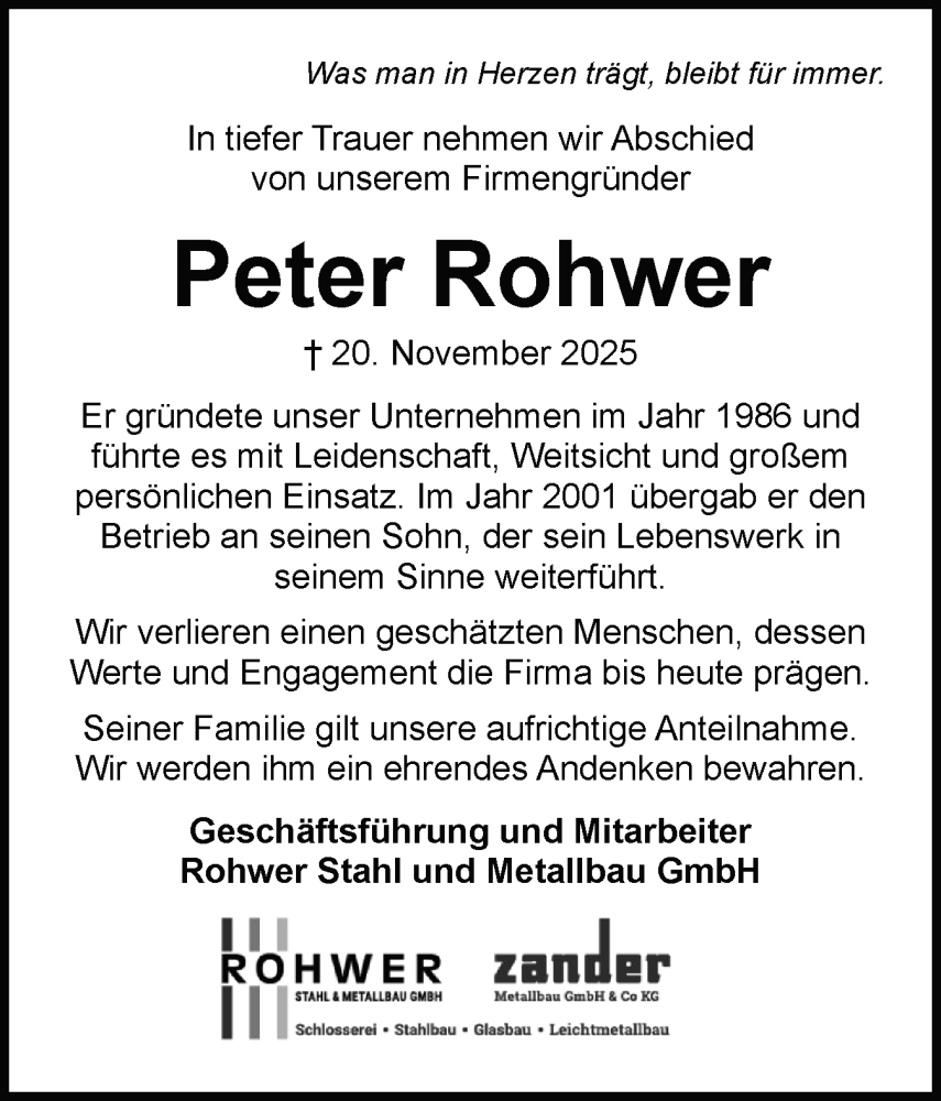  Traueranzeige für Peter Rohwer vom 29.11.2025 aus Schleswig-Holsteinische Landeszeitung
