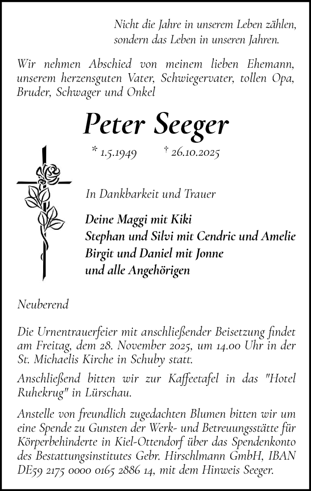  Traueranzeige für Peter Seeger vom 22.11.2025 aus Schleswiger Nachrichten, Schlei-Bote