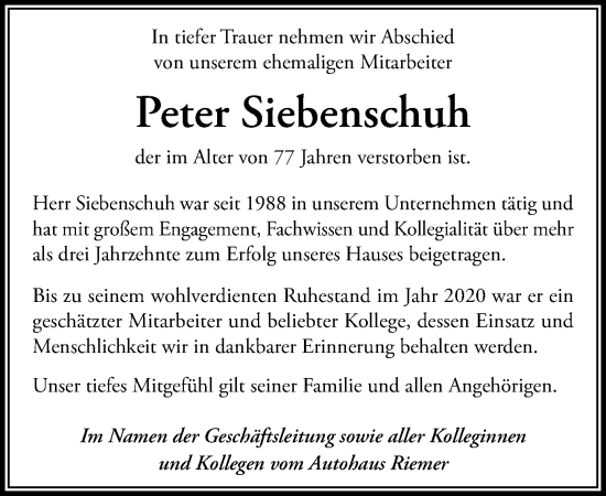 Traueranzeige von Peter Siebenschuh von MARKT Ratzeburg/Mölln
