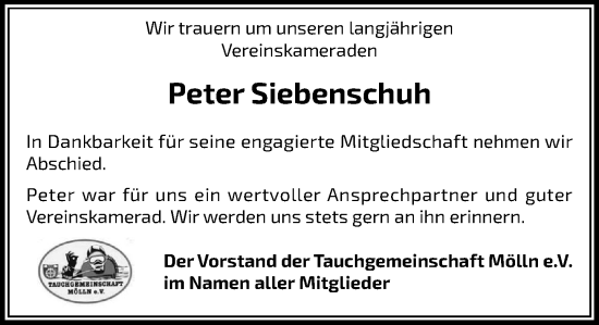 Traueranzeige von Peter Siebenschuh von MARKT Ratzeburg/Mölln