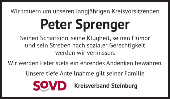 Traueranzeige von Peter Sprenger von Norddeutsche Rundschau, Wilstersche Zeitung, Glückstädter Fortuna