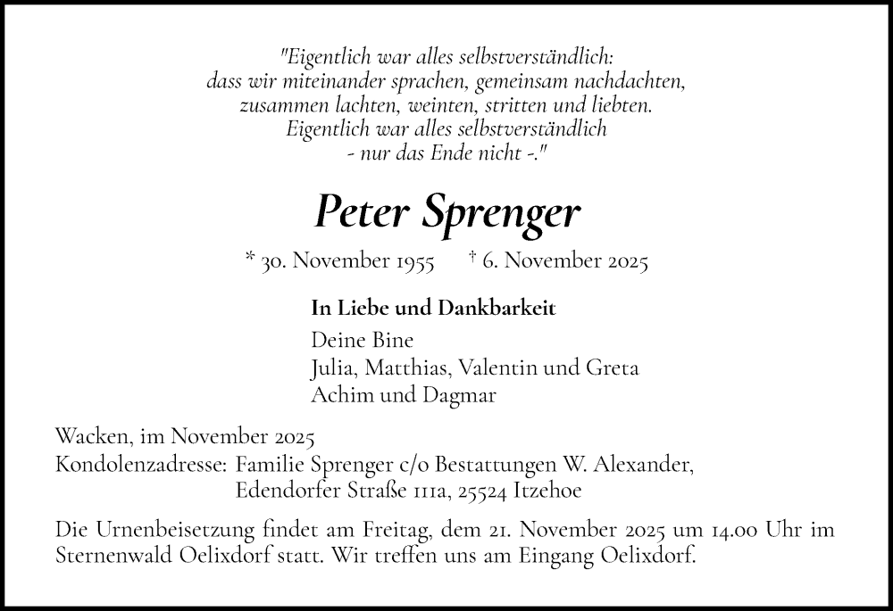  Traueranzeige für Peter Sprenger vom 15.11.2025 aus Norddeutsche Rundschau, Wilstersche Zeitung, Glückstädter Fortuna