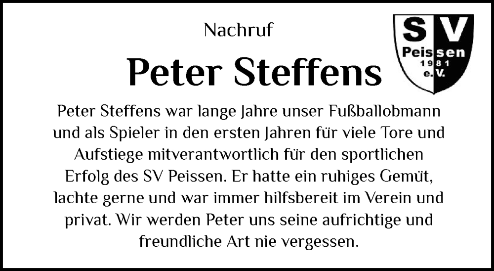  Traueranzeige für Peter Steffens vom 05.11.2025 aus Norddeutsche Rundschau, Wilstersche Zeitung, Glückstädter Fortuna