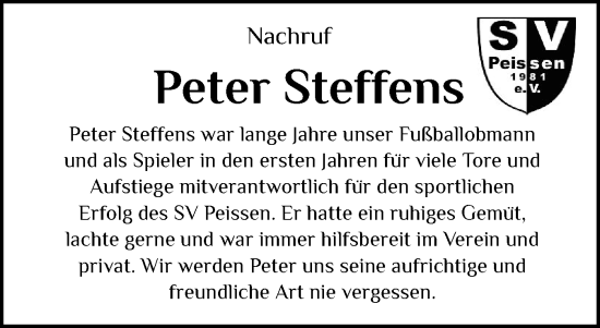 Traueranzeige von Peter Steffens von Norddeutsche Rundschau, Wilstersche Zeitung, Glückstädter Fortuna