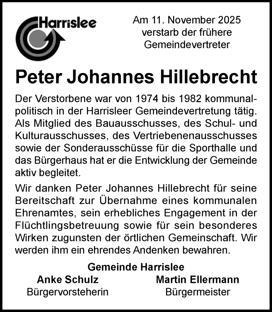  Traueranzeige für Peter Johannes Hillebrecht vom 28.11.2025 aus Flensburger Tageblatt
