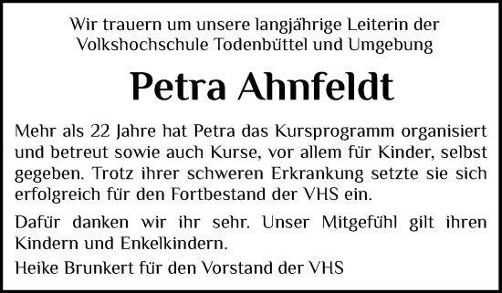 Traueranzeige von Petra Ahnfeldt von Schleswig-Holsteinische Landeszeitung