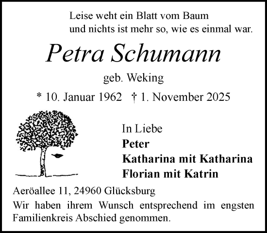 Traueranzeige von Petra Schumann von Flensburger Tageblatt