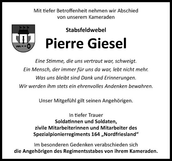 Traueranzeige von Pierre Giesel von Schleswig-Holsteinische Landeszeitung