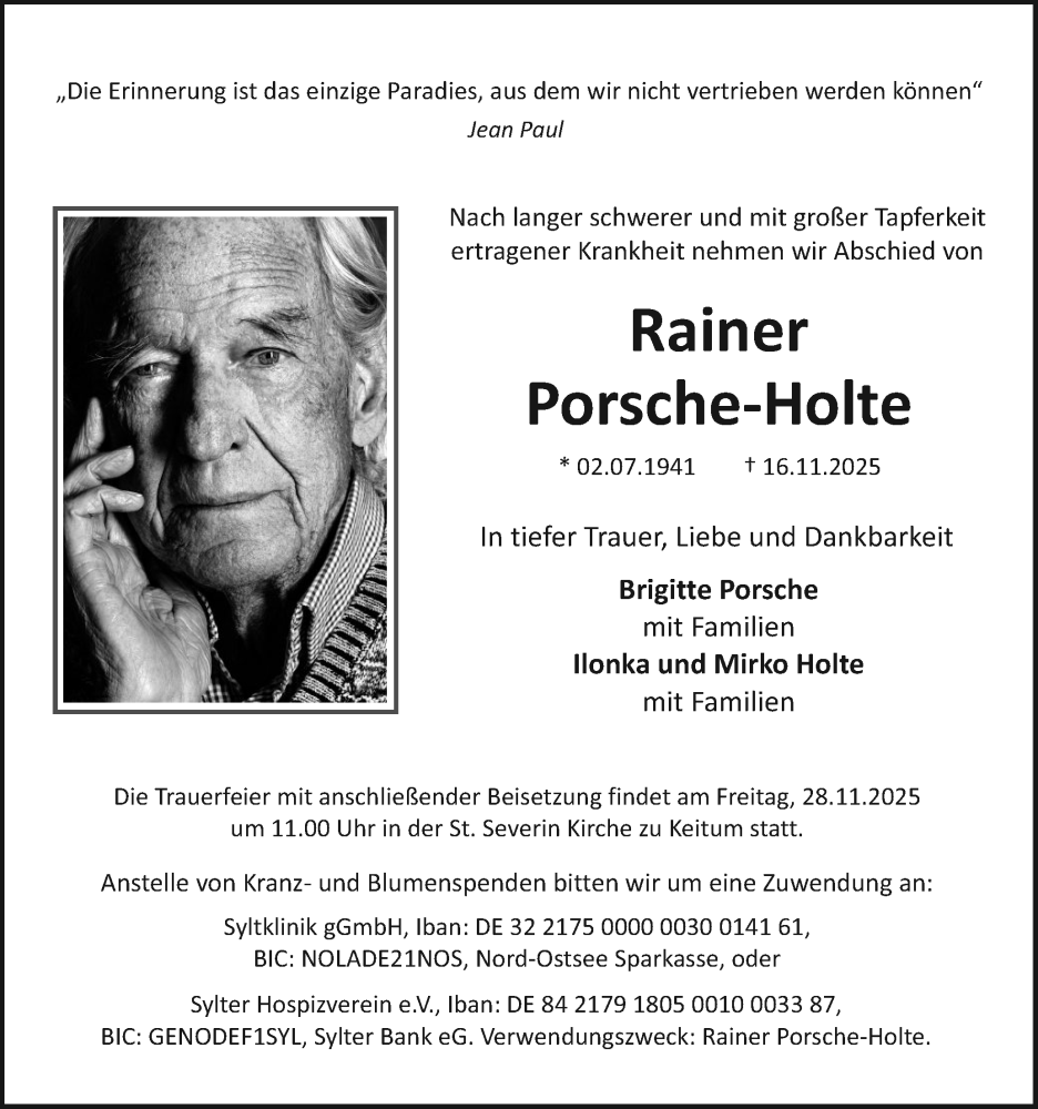  Traueranzeige für Rainer Porsche-Holte vom 22.11.2025 aus Sylter Rundschau