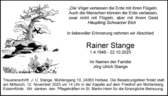Traueranzeige von Rainer Stange von Eckernförder Zeitung, Hallo Eckernförde