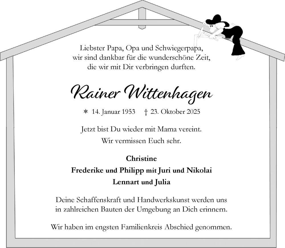  Traueranzeige für Rainer Wittenhagen vom 15.11.2025 aus MARKT Ahrensburg/Bargteheide/Trittau und Stormarner Tageblatt
