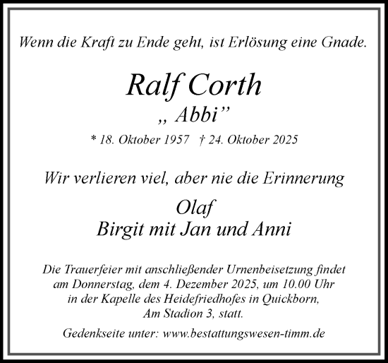 Traueranzeige von Ralf Corth von Region Pinneberg und tip Pinneberg