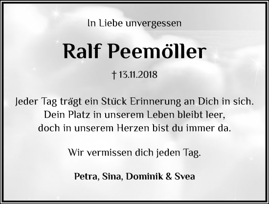 Traueranzeige von Ralf Peemöller von Holsteinischer Courier