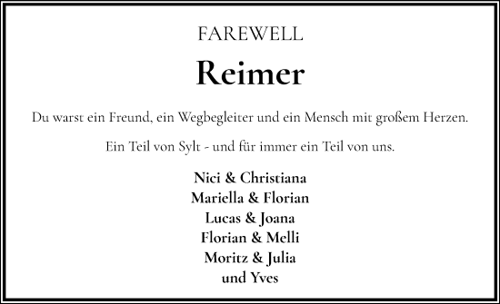 Traueranzeige von Reimer  von Sylter Rundschau