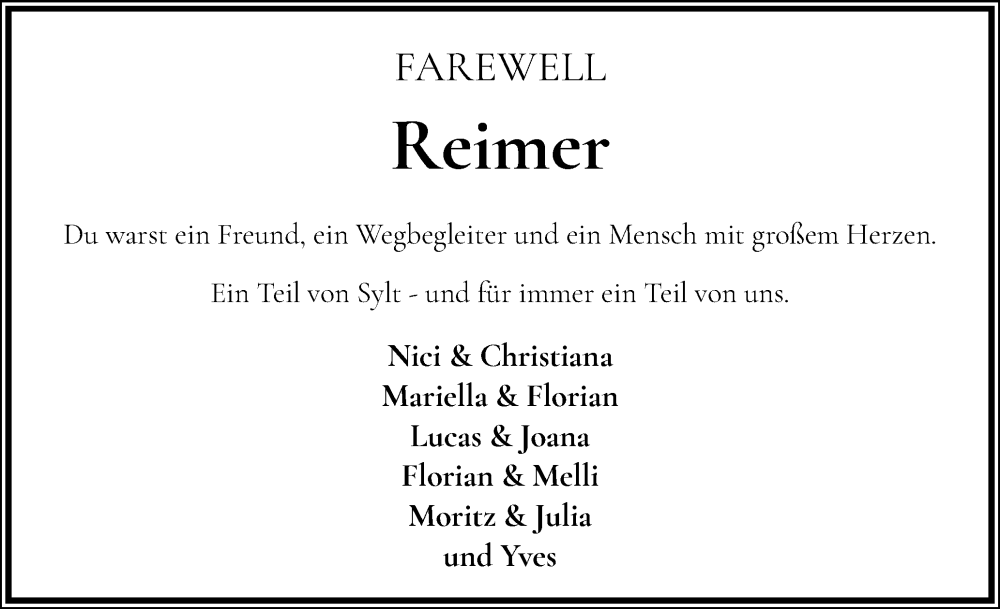  Traueranzeige für Reimer  vom 15.11.2025 aus Sylter Rundschau