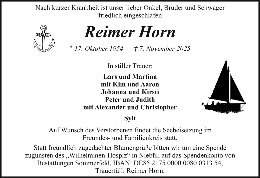  Traueranzeige für Reimer Horn vom 15.11.2025 aus Sylter Rundschau