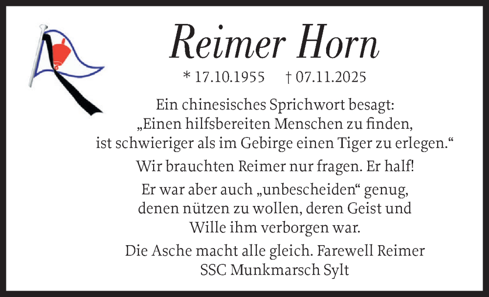  Traueranzeige für Reimer Horn vom 20.11.2025 aus Sylter Rundschau