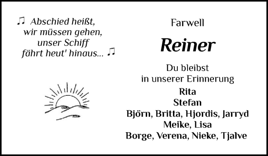 Traueranzeige von Reiner  von Sylter Rundschau