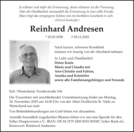 Traueranzeige von Reinhard Andresen von Sylter Rundschau