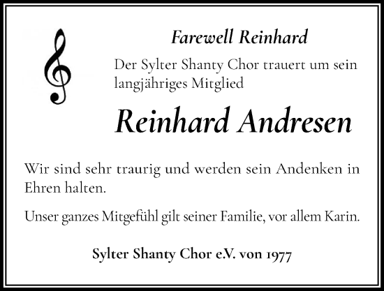 Traueranzeige von Reinhard Andresen von Sylter Rundschau