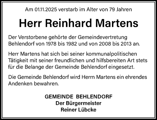 Traueranzeige von Reinhard Martens von MARKT Ratzeburg/Mölln